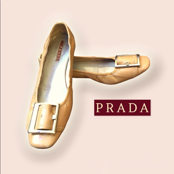 Prada Shoes - Prada tan patent leather flats